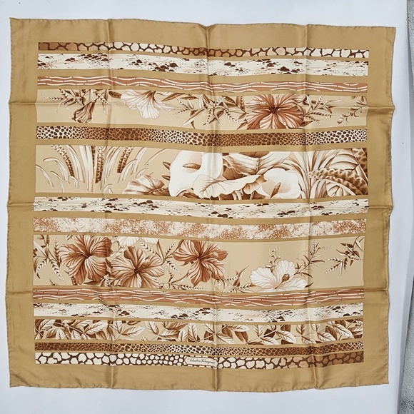 Vintage Ferragamo Silk Scarf Tan Floral Motif w/ Geometric Strips - Picture 1 of 4